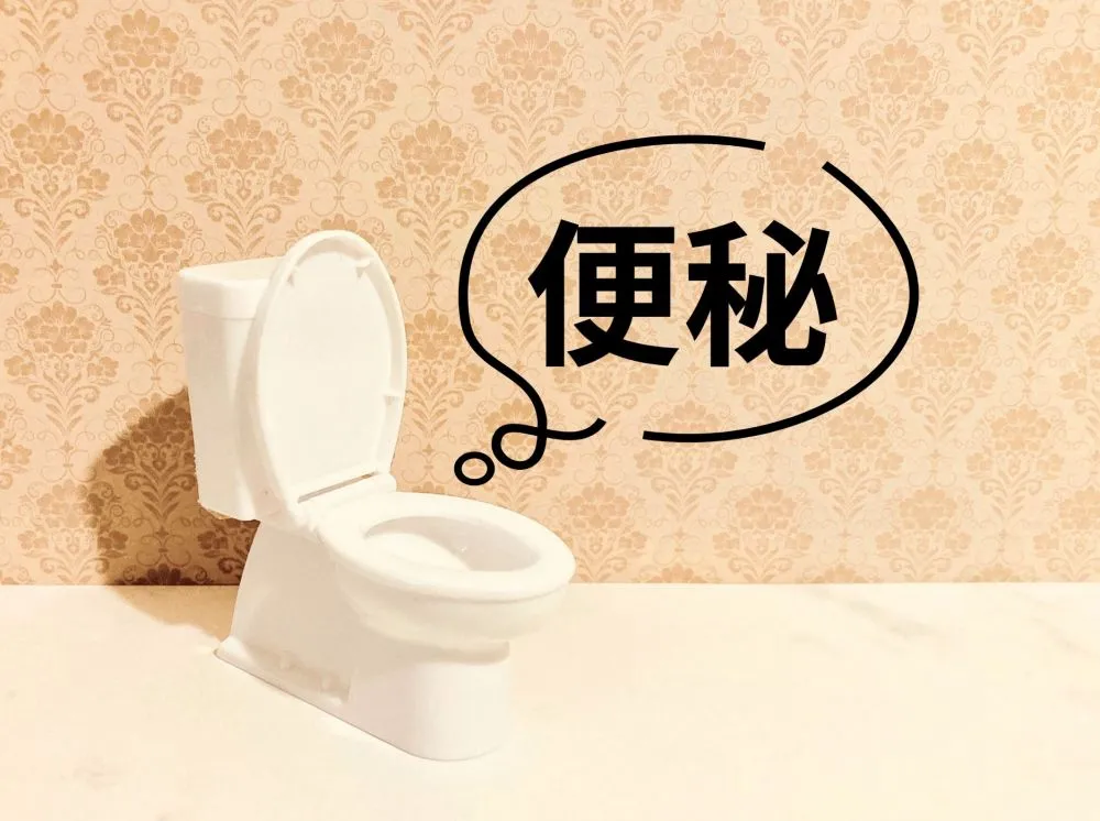 花柄の壁紙を背景にした小さなトイレと「便秘」の黒太字が目立つイラスト。長年の便秘を象徴し、足つぼで即効改善を目指すイメージ。