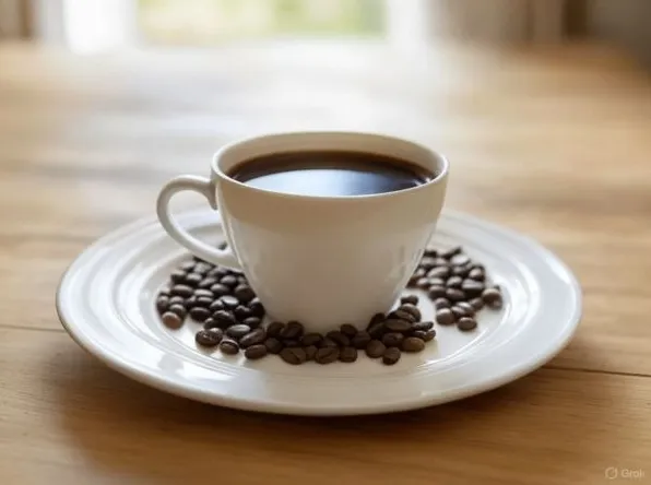 白いプレートに散らばるコーヒー豆と、白いカップに入ったブラックコーヒーのクローズアップ。コーヒーの匂いが引き起こす体の不調を象徴するイメージ。