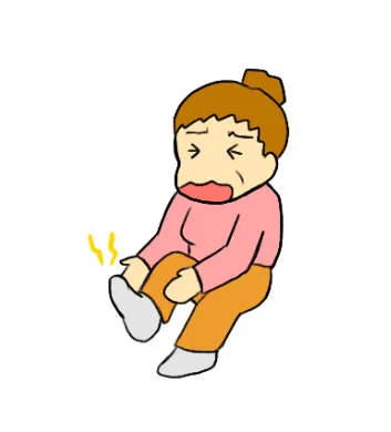 正座で足がつり、痛みに顔を歪めてふくらはぎを触ろうとするおばさんのアニメイラスト