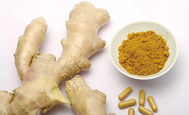 新鮮生姜の根、パウダー、カプセルサプリの比較写真、生姜の様々な形態