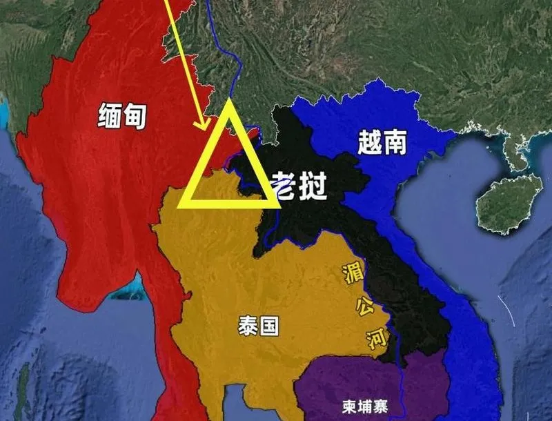 中国雲南省に隣接するゴールデントライアングル（金三角）の位置を示した地図