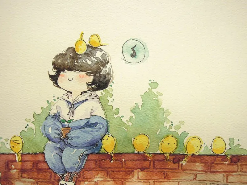 パーカを着た子供がレンガ調の壁に座り、頭上に黄色い鳥と果物が浮かんでいるイラスト。隣には黄色い鳥が並び、音楽記号が描かれている。足つぼ施術後の好転反応を象徴する明るいイメージ。