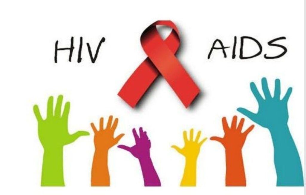 複数の手が上に伸び、HIVとAIDSの文字の間に赤いリボンが挟まれたイラスト