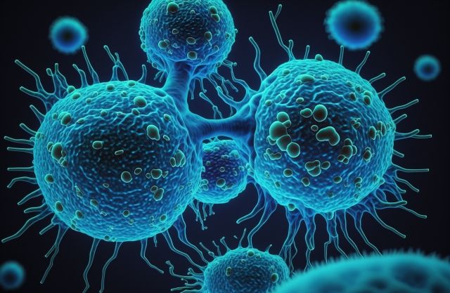 青い背景に浮かぶがん細胞のミクロイメージ。顕微鏡で見たような細胞の構造が詳細に描かれ、癌の自然な役割を説明する記事の補足画像。