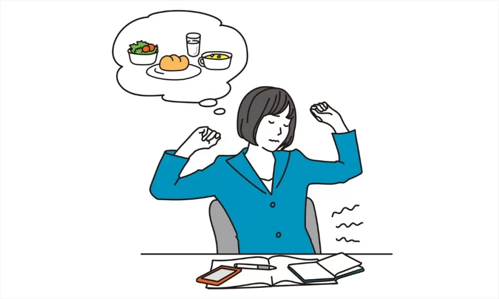 青い服の女性が椅子に座り、食べ物を思い浮かべながらお腹を空かせているイラスト