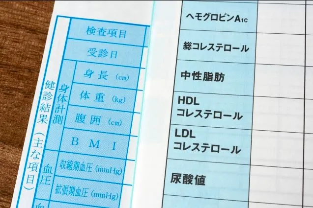 ヘモグロビン、中性脂肪、尿酸値などの検査項目が記載された健康診断の結果通知書