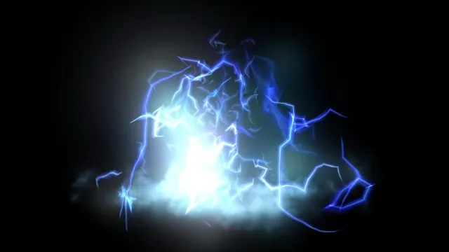 青い電気火花が散る黒い背景。一時的に体の気の回線がショートしたような仮死状態（尸厥）を表現したイメージ
