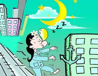 夜中に寝ぼけて歩く女の子イラスト 花を頭に付け泡を吹きながらマンション街を歩く睡眠遊行症の可愛い絵