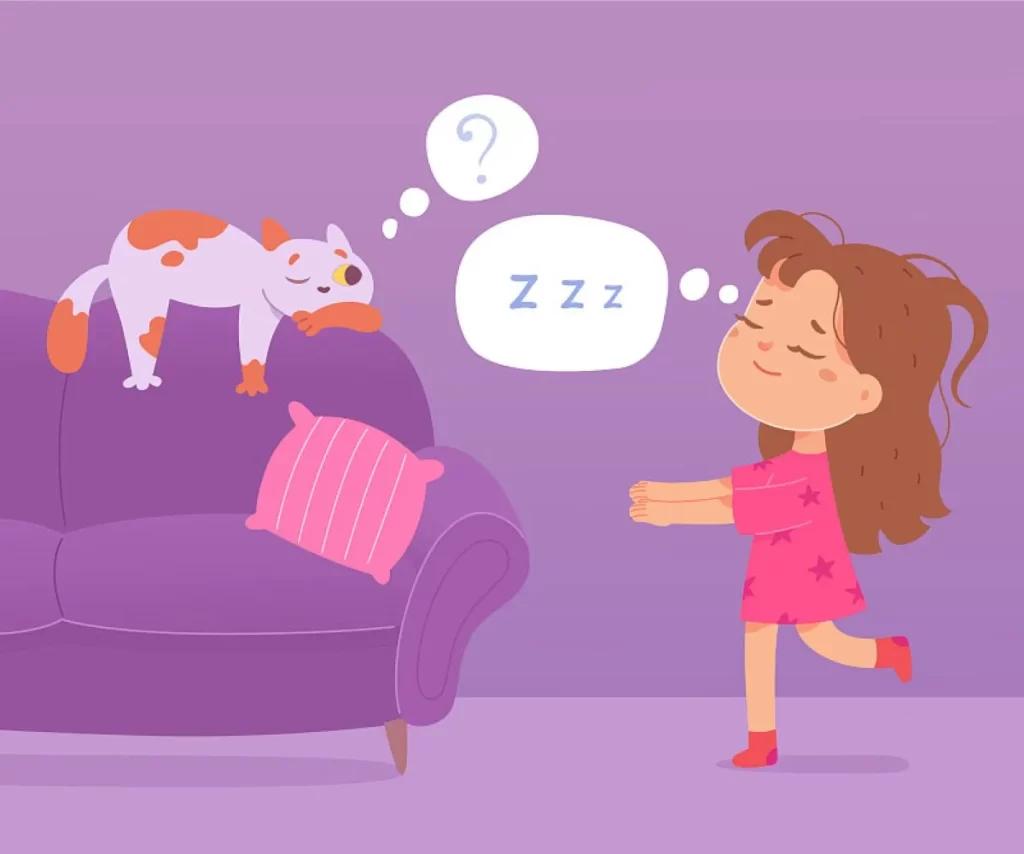睡眠時摂食症候群（夢遊病）による夜間の異常行動をイメージしたイラスト。ピンクのパジャマを着た若い女性が目を閉じたままソファーへ向かって歩いている様子を描き、睡眠中の無意識行動や夜中に食べてしまう症状を視覚的に表現しています。