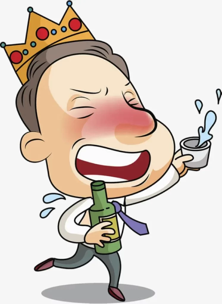 王冠をかぶり酒瓶とコップを持って大笑いする男性の漫画風イラスト