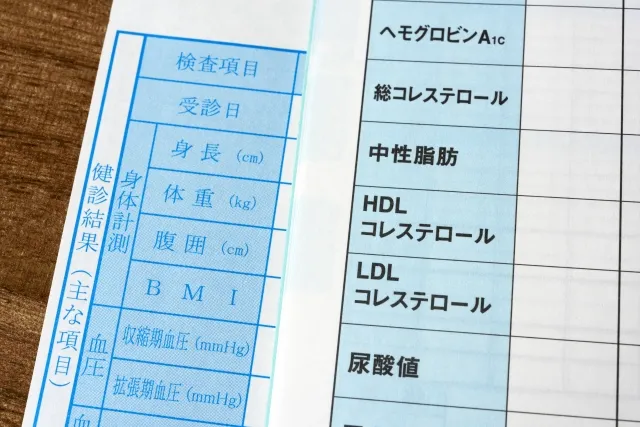 コレステロールや中性脂肪などの数値が記載された健康診断結果の書類。