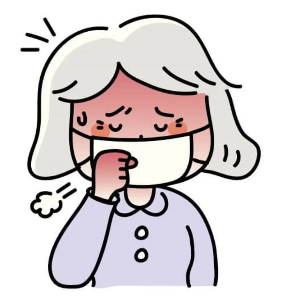 咳をこらえて白いマスクを押さえる紫色の服の女性。顔が赤く、強い咳症状が見て取れる。