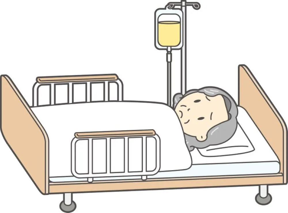 病院ベッドで点滴を受ける高齢女性が心配そうな表情で目を見開く漫画イラスト