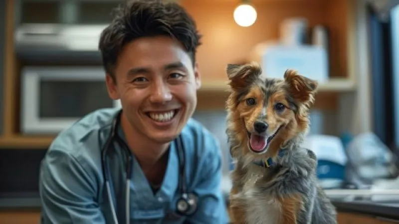笑顔の獣医と犬のクローズアップ写真