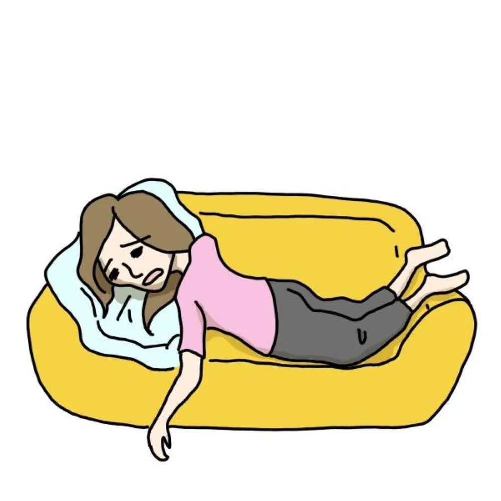 うつ伏せでソファーに倒れ、つらそうにため息をつく女性のイラスト