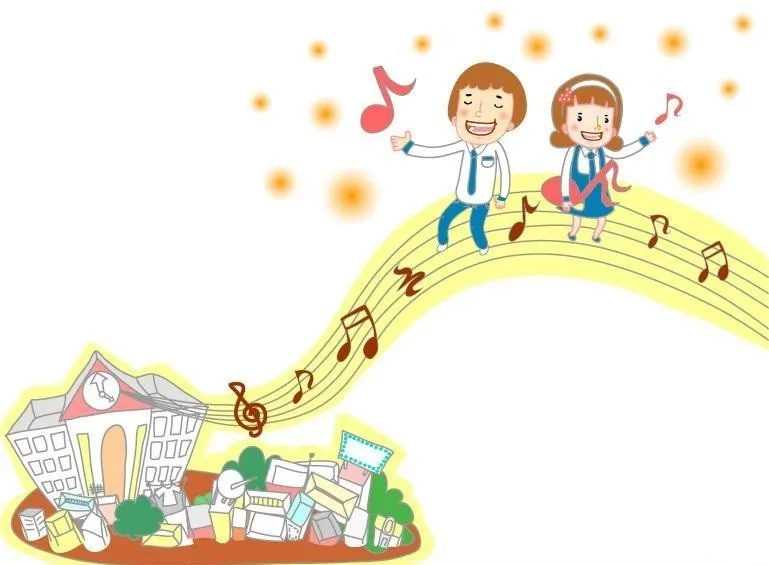重度自閉症の子供が漢方と音楽で言葉を発するようになった感動のイラスト。音符の波が家から空へ伸び、男の子と女の子が楽しそうに歌っている