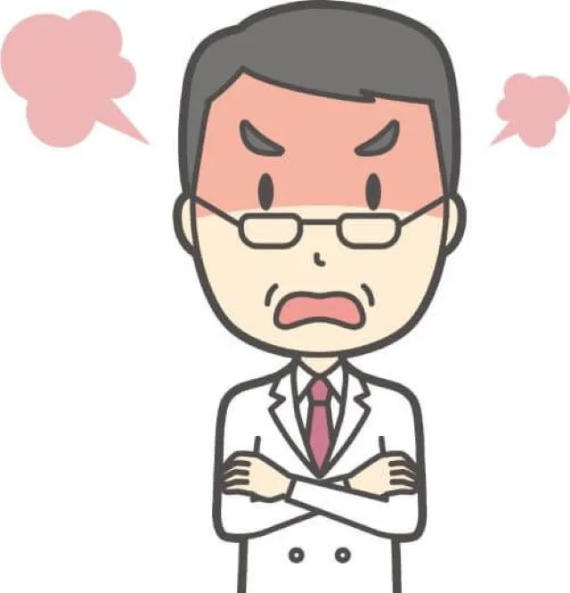 怒った表情のメガネをかけた男性医師と怒りマーク