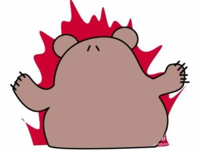 両手を大きく上げて怒っているクマのイラスト。体全体の周りに赤い炎の模様が燃え上がっているように描かれている