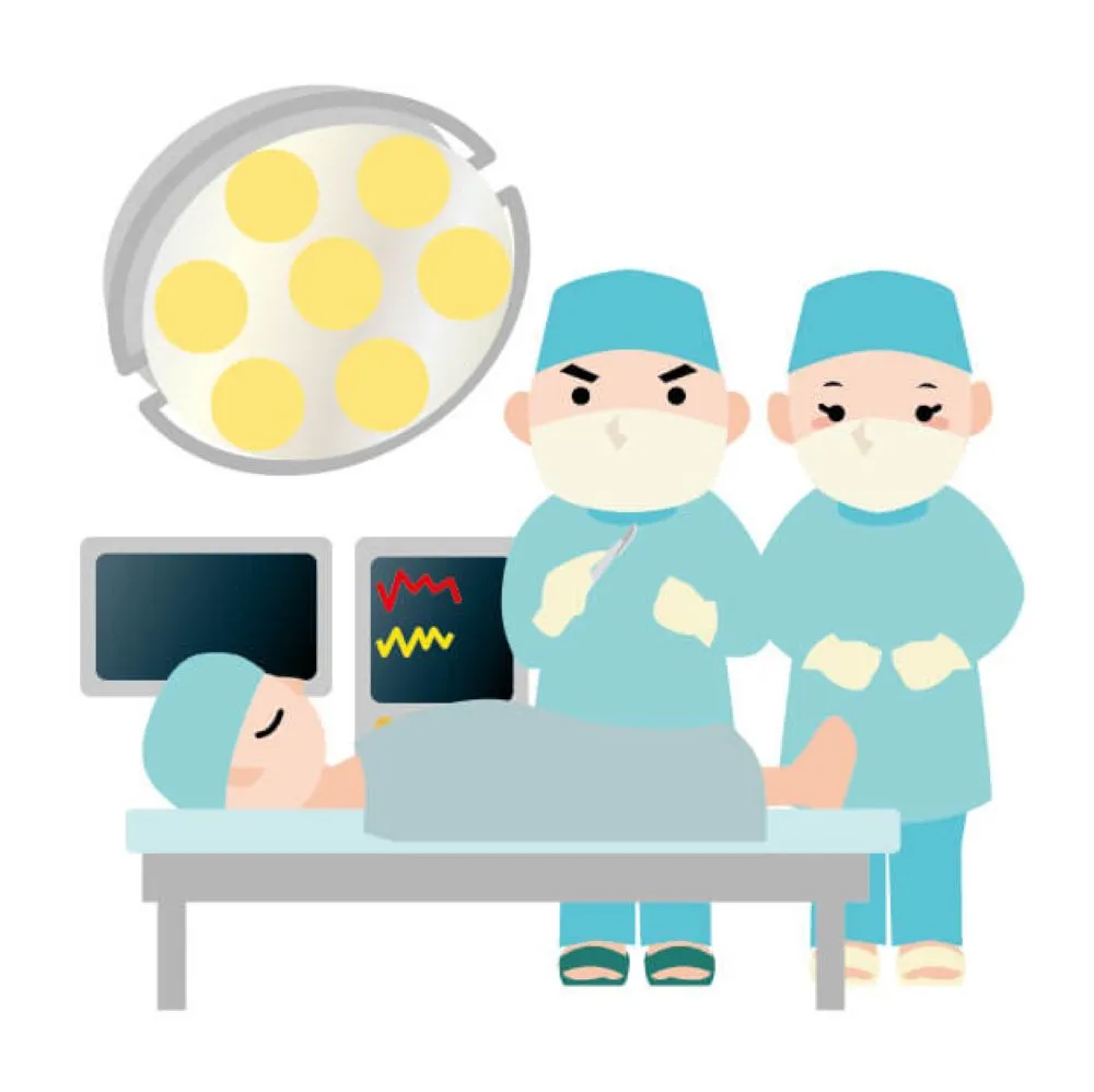 手術室で青いガウンを着た医師2人が患者の手術を行うアニメイラスト。照射灯と心電図モニターが背景に描かれている