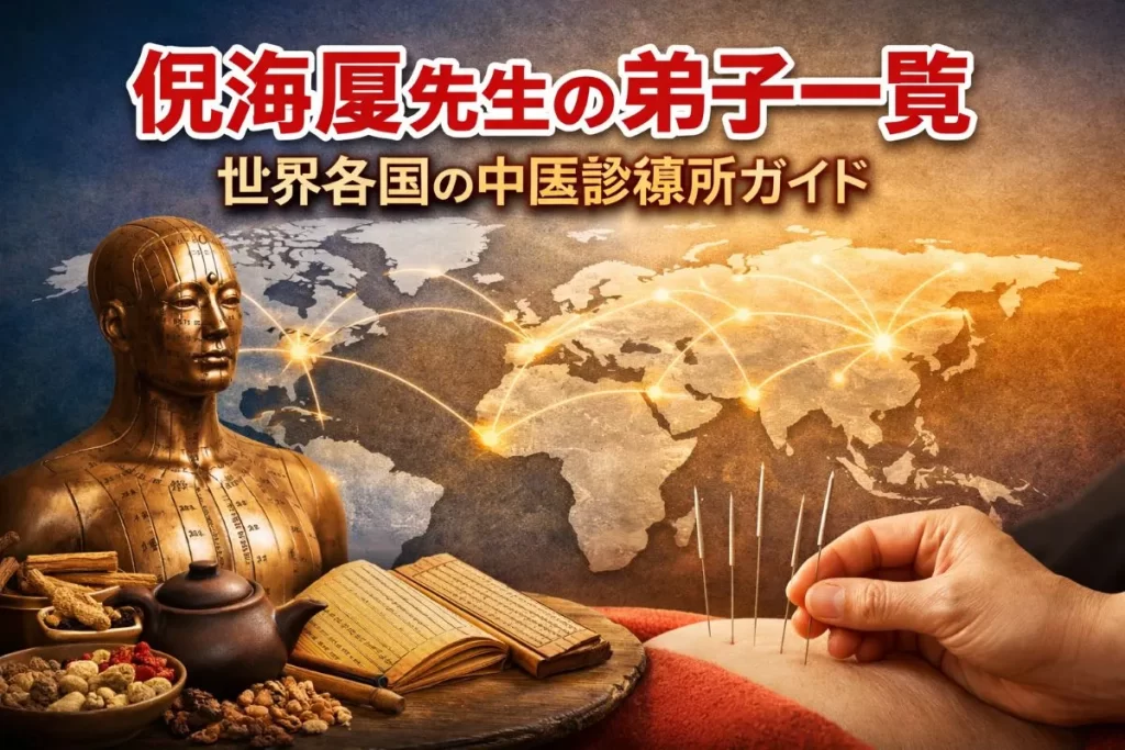 倪海厦先生の弟子たちが世界各国で活躍する中医学診療所を象徴するイメージ。鍼灸模型と漢方薬、世界地図が描かれている。