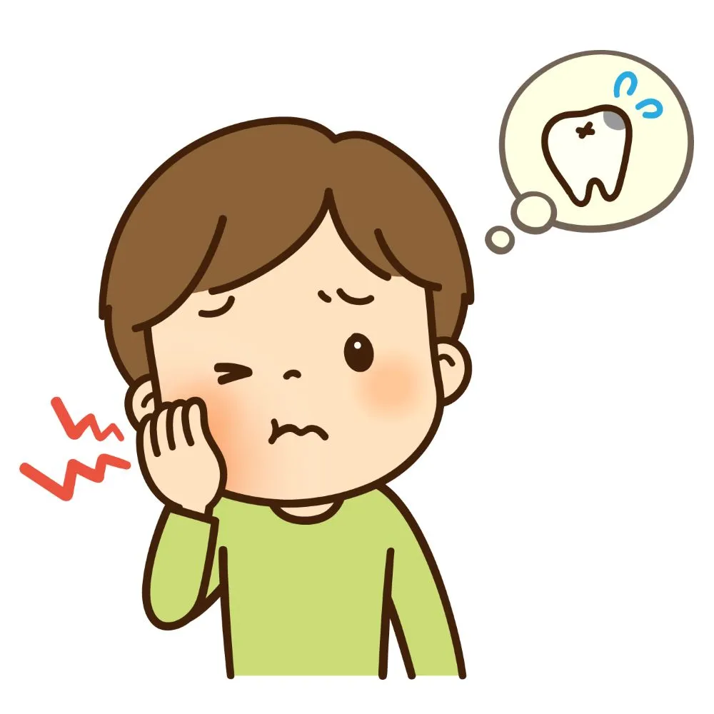 親知らず抜歯後の腫れと痛みを気にする男性がほっぺを触るイラスト。横に丸い枠内に歯の絵。