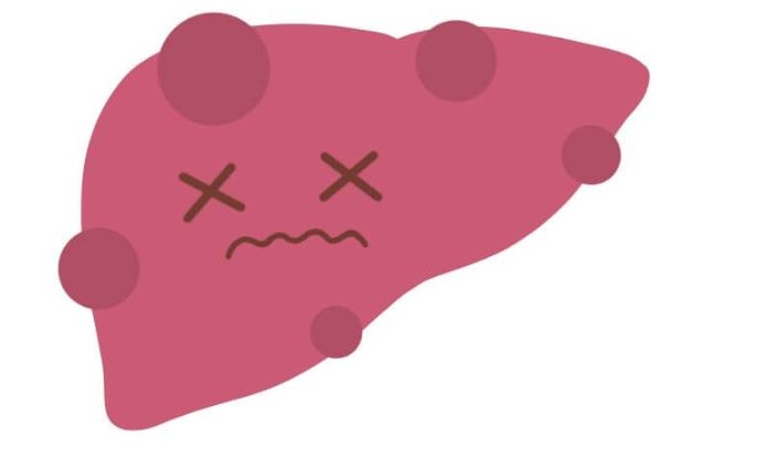 肝硬変を患う肝臓が痛そうに目を瞑るイラスト
