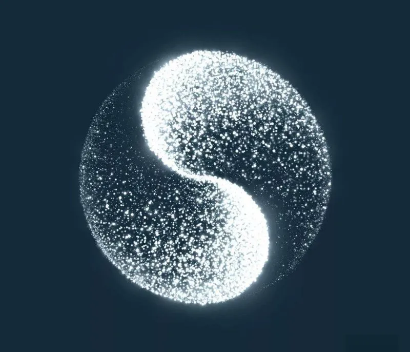 青い背景に wave 状の光描かれた陰陽太極図。陰陽のバランスと手足の指先の温度変化を表すイメージ。