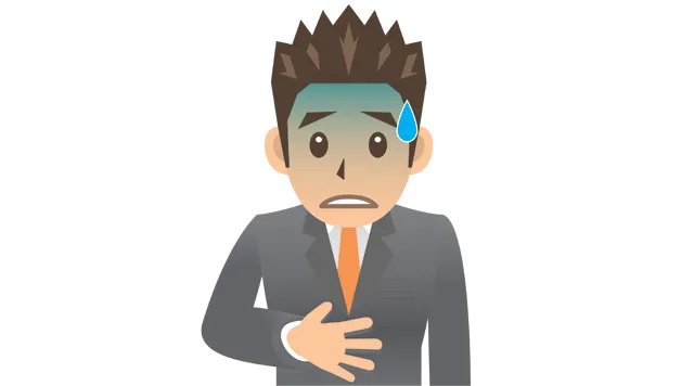 お腹に手を当てて苦しそうな表情をするサラリーマンのイラスト。