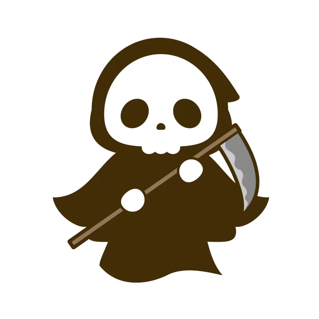 両手に鎌を持った死神の白黒イラスト、ハロウィン風の不気味な骸骨死神