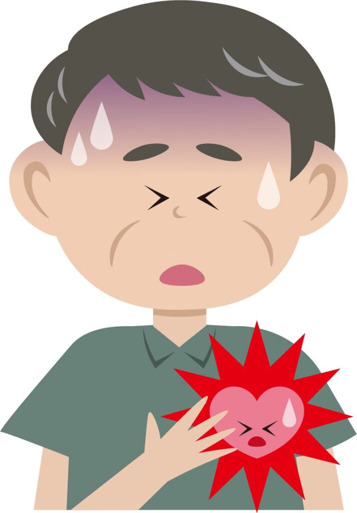 心臓の痛みで冷や汗をかく男性のイメージ