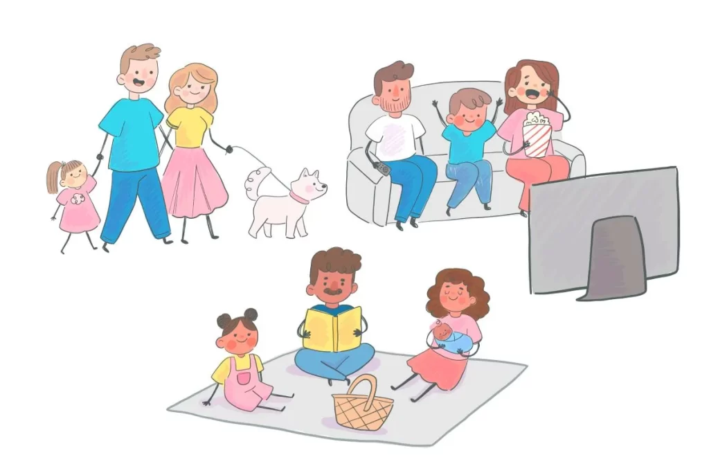 幸せな家族団らんのイラスト。祖父母・両親・子供たちが食卓を囲んで笑顔で過ごす漫画風シーン