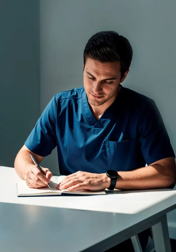 青いスクラブを着た男性看護師が座ってメモを取っている様子