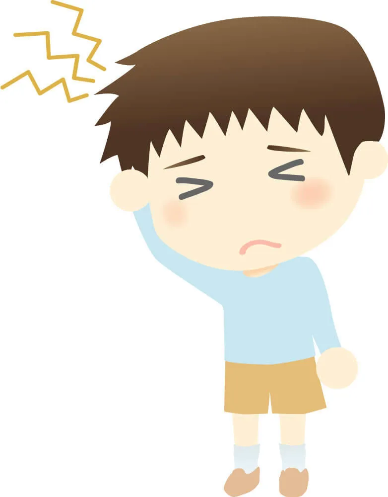頭痛で目を閉じて頭を押さえる少年のアニメイラスト（ライム病の症状を表現）