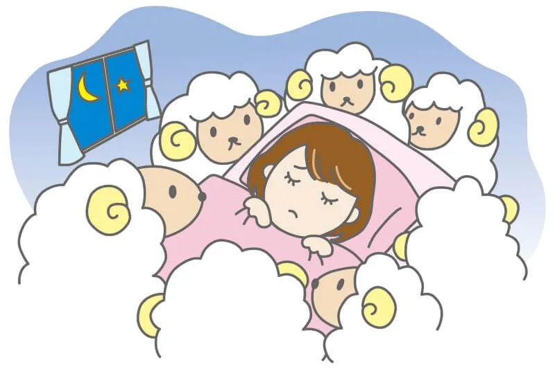 不眠症に悩む女性がベッドで羊を数えるイラスト。窓の外に星と月、部屋に羊が多数いる様子。