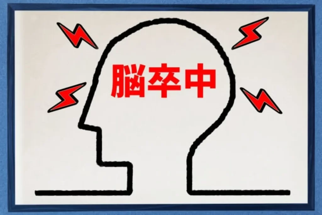 脳卒中を示す頭部の線画イラスト。赤い雷のような痛みの表現と「脳卒中」の文字入り。