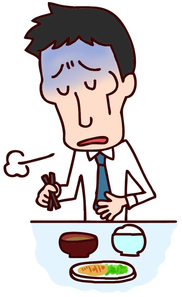 箸で食べ物を持ち、食欲不振でため息をつくサラリーマンのイラスト。疲れた表情で食卓に座っている。