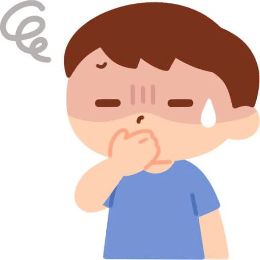 胃がん手術後、吐き気と嘔吐に苦しむ男性のイラスト。漢方治療前のつらい症状を表現。