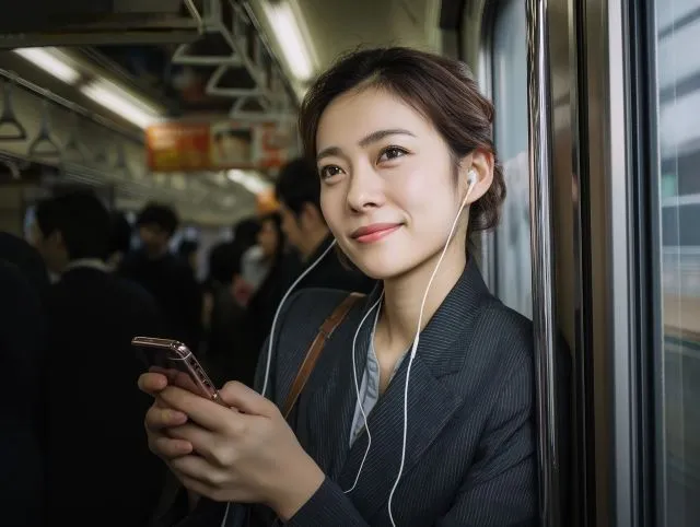 通勤電車内でイヤホンで音楽を聞きながら微笑むOL。パニック障害を克服し、電車に乗れる喜びを表現。