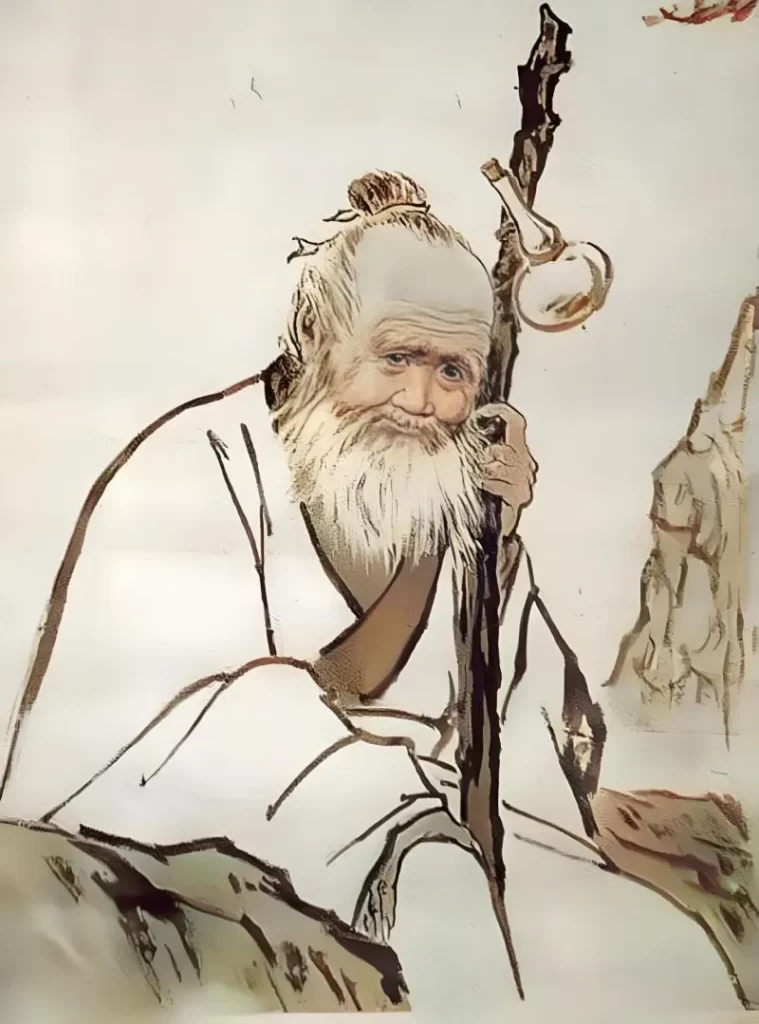 唐代の名医・孫思邈が杖を握り、山水画風の風景に座る肖像画。鍼灸と漢方を統合した偉人のイメージ。