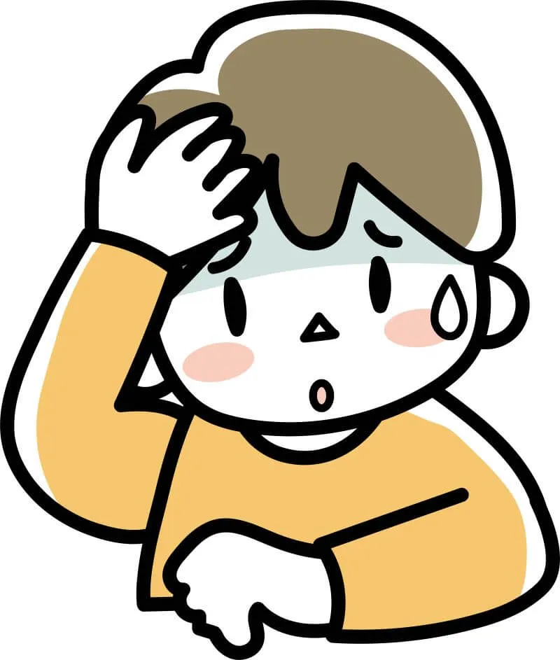 便秘が原因でおでこを押さえて頭痛に悩む5〜6歳の男の子 イラスト