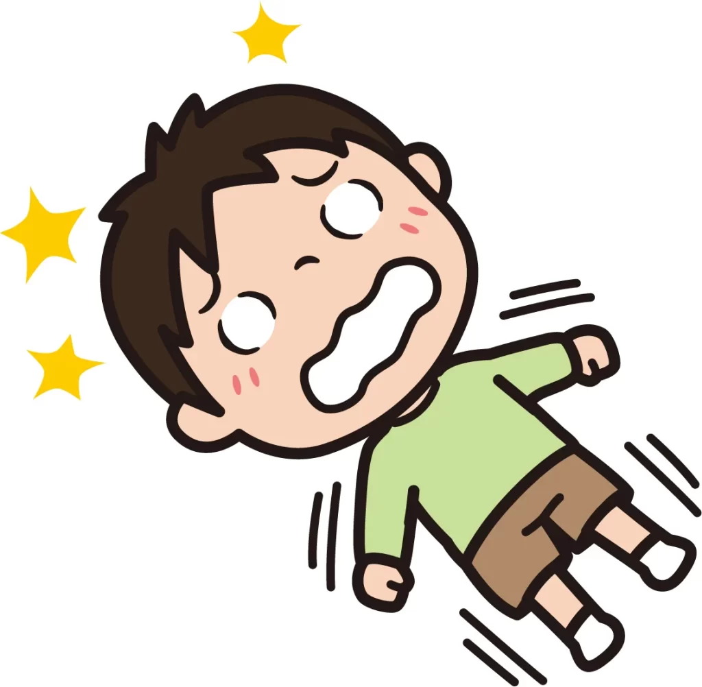 漫画風イラスト：てんかん発作中の子供が倒れ、手足を震わせ、目と口を開け、頭の周りに星が浮かんでいる様子