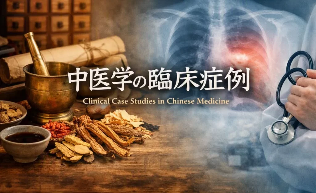 伝統的な薬研と漢方薬材が並ぶ木の机の左側に、胸部X線画像と聴診器を持つ医師の手が重なる構図。中医学と現代医学の融合を象徴する横長バナー。