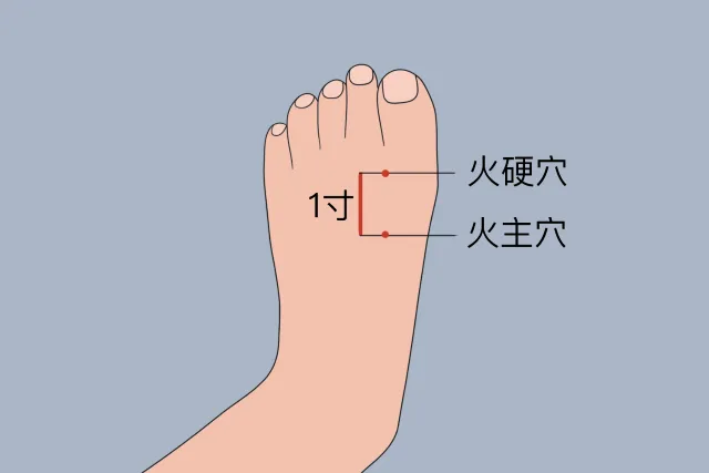 左足の甲に示した火硬穴と火主穴の位置。赤丸で印をつけ、両穴の間隔が1寸であることを表記したイラスト。