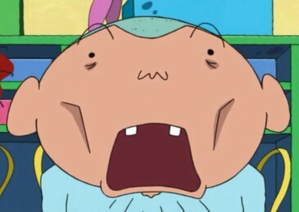 驚いた表情のおじさんアニメイラスト、目が点になり口を大きく開けてびっくりしている様子