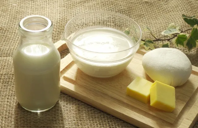 テーブルに並んだ牛乳、チーズ、ヨーグルト、バターなどの乳製品。湿気を増やす食べ物の例