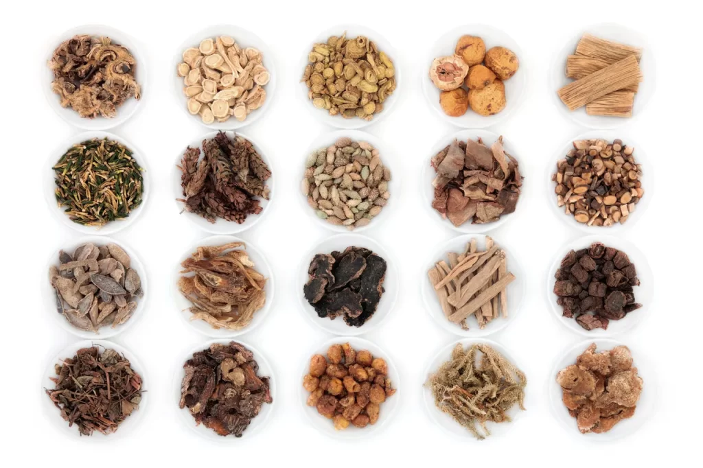 20種類の漢方薬がきれいに並んだ様子。生理が来ない原因に合わせて、体質や症状に合った漢方薬を選んで治療します。