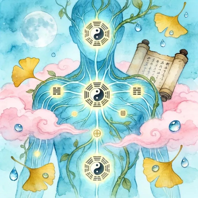 太極図と易経の卦が描かれた人体イラスト。胸部から枝葉が広がり、経絡の流れと生命力を象徴している。