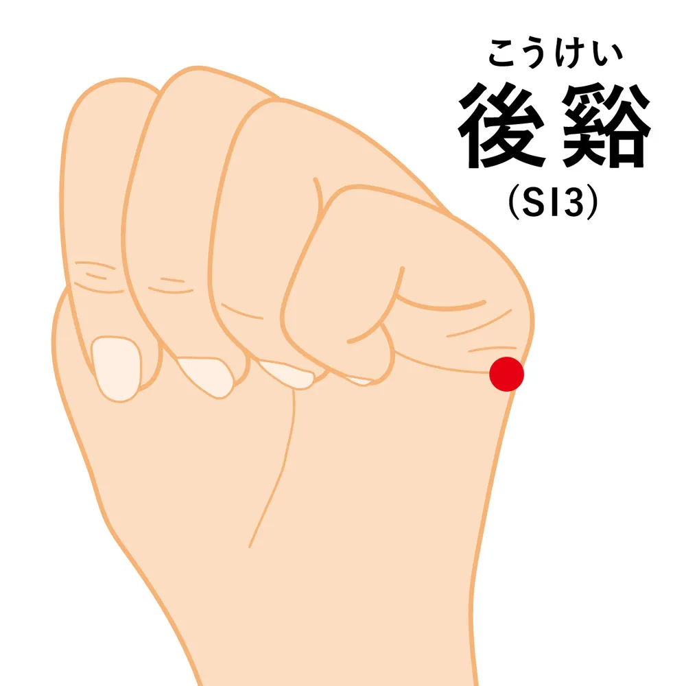 左手の後渓(こうけい)S13の位置を赤丸で示したツボの写真
