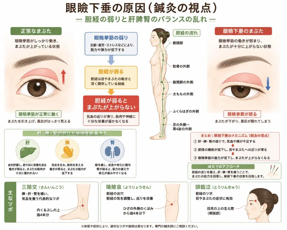 眼瞼下垂の原因を鍼灸の視点から図解したイラスト。眼瞼挙筋の弱りや胆経、肝・脾・腎の関係、三陰交・陽陵泉・頭臨泣を示している