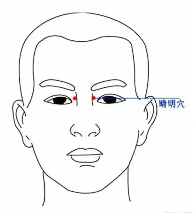 晴明穴の位置を示した図。男性の顔の線画に赤丸と青い線で「晴明穴」と表記。